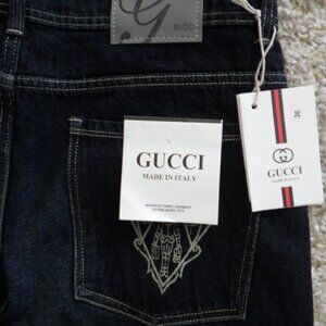 Gucci Men's Denim Jeans Pants Dark Blue Wide Leg Logo Size 36 Italy Embroidery